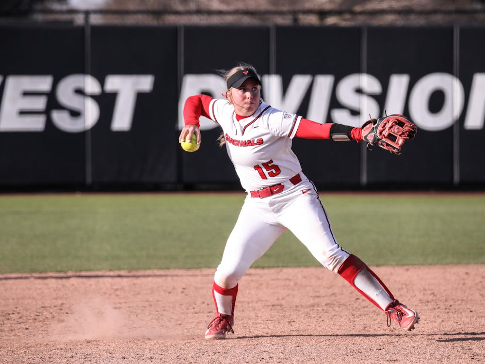 Senior infielder Haley Wynn fires the ball to first base in a game against Northern Illinois March 28 at the First Merchants Ballpark Complex. Ball State lost to Northern Illinois 10-14. Katelyn Howell, DN