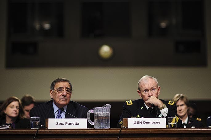 Defense Secretary Leon Panetta and Gen. Martin Dempsey, chairman of the Joint Chiefs of Staff, testify before the Senate Armed Services Committee hearing in Washington, D.C., on Thursday, February 7, 2013, about the Defense Department response to the attack on U.S. facilities in Benghazi, Libya, and the findings of its internal review following the attack. (Pete Marovich/MCT)