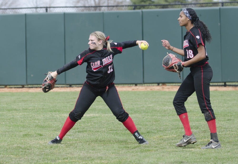 Sophomore Sammi Cowger gets ready to throw the ball to a teammate in the game against Toledo on April 6 at the Ball State Softball Complex. DN PHOTO BREANNA DAUGHERTY