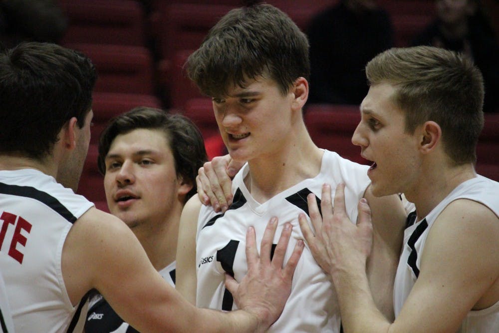 <p>Ball State men's volleyball wins the match against Quincy in John E. Worthen Arena on March 31. <em>Alicia M. Barnachea // DN</em></p>