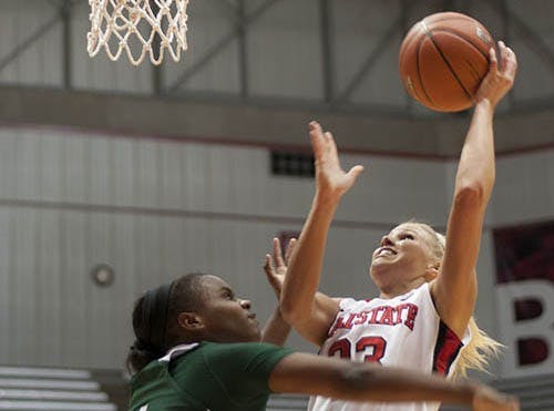 Junior forward Katie Murphy attempts the layup against Ohio on Jan. 26. The Cardinals will play today in Western Michigan. DN PHOTO JONATHAN MIKSANEK
