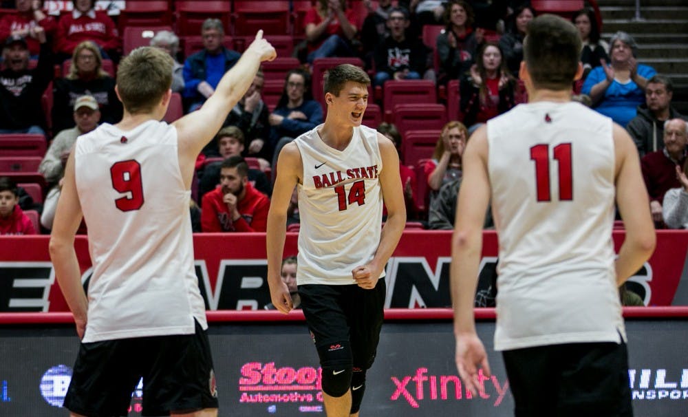 <p>Sophomore outside attacker Matt Szews celebrates after scoring a point during the game against McKendree April 6 in John E. Worthen Arena. Szews had 14 kills throughout the game . <strong>Kaiti Sullivan, DN</strong></p>