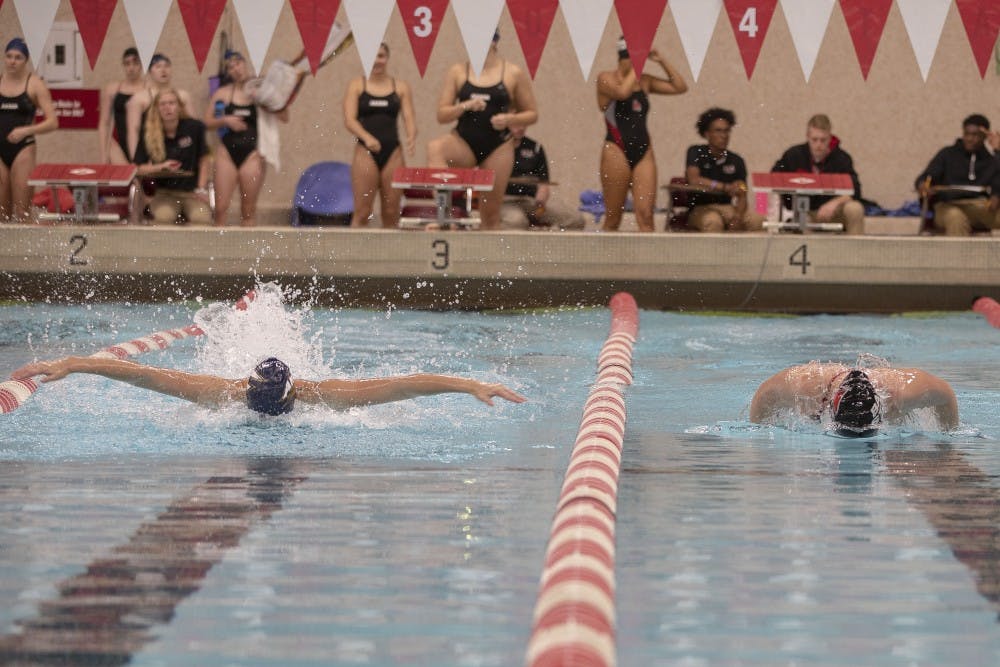 Ball State and Akron swimmers race in the 400 yard Individual Medley at the womens swim meet Saturday Nov. 3rd, at Lewellen Aquatic Center. The Akron Womens Swim Team is ranked 1st in the MAC confrence. Jacob Haberstroh,DN.