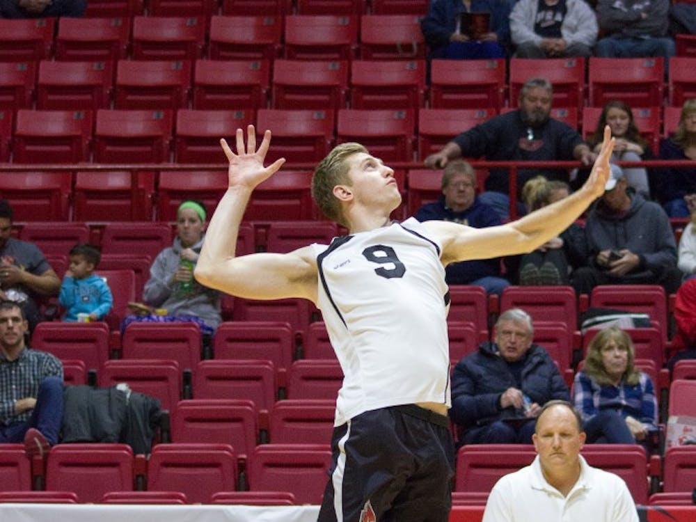 BSU Sophomore Parker Swartz serves to opponent NJIT. Swartz led the team with 3 aces in the January 27th win at Worthen Arena.