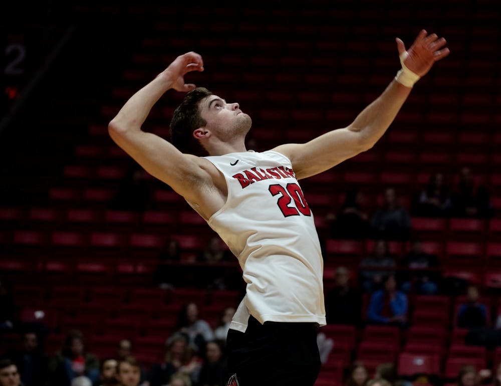 <p>Senior David Siebum serves the ball over the net Jan. 18, 2019 at John E. Worthen Arena. Ball State lost to Santa Barbara 2-3. <strong>Rebecca Slezak, DN</strong></p>