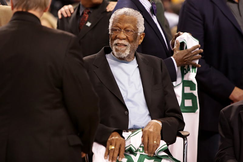 Member of the Boston Celtics' 1966 Championship team Bill Russell is honored at halftime of a game between the Boston Celtics and the Miami Heat at TD Garden on April 13, 2016, in Boston. (Mike Lawrie/Getty Images/TNS)