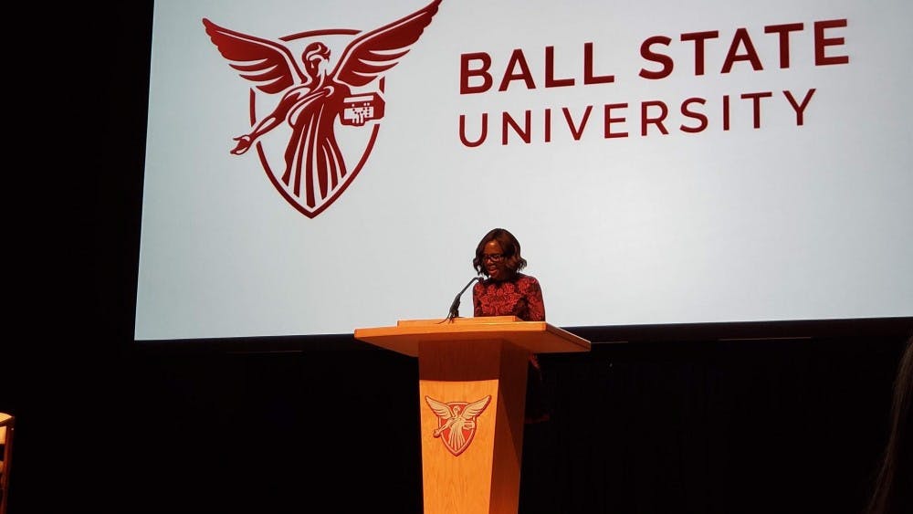 <p>"Good Morning America" anchor Deborah Roberts gives her speech Monday, Feb. 19 in Emens Auditorium. Roberts is the first Ball State Centennial Celebration speaker for the spring semester. <strong>John Lynch, DN</strong></p>