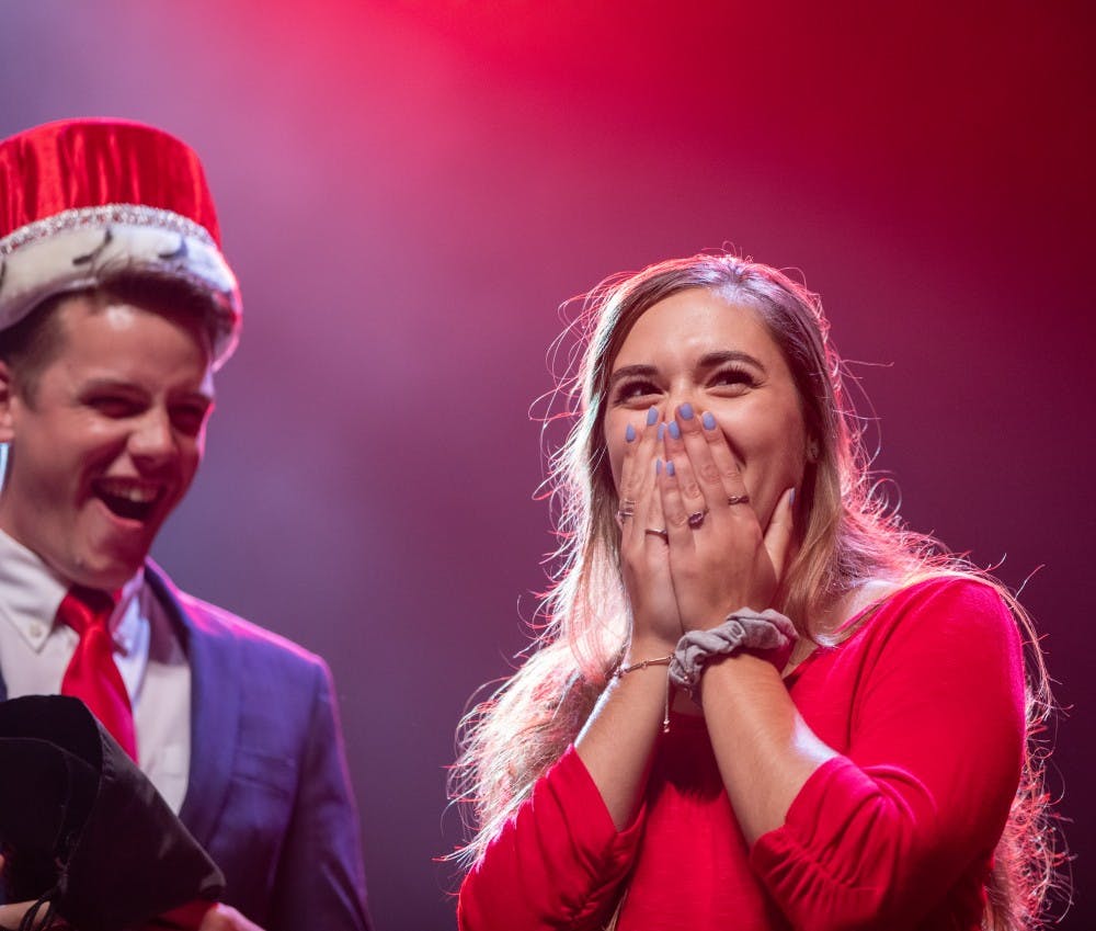Junior exercise science major Elizabeth Latham reacts after being named Homecoming Queen Oct. 15, 2019 at Emens Auditorium. Latham was nominated by Student Government Association. Jacob Musselman, DN