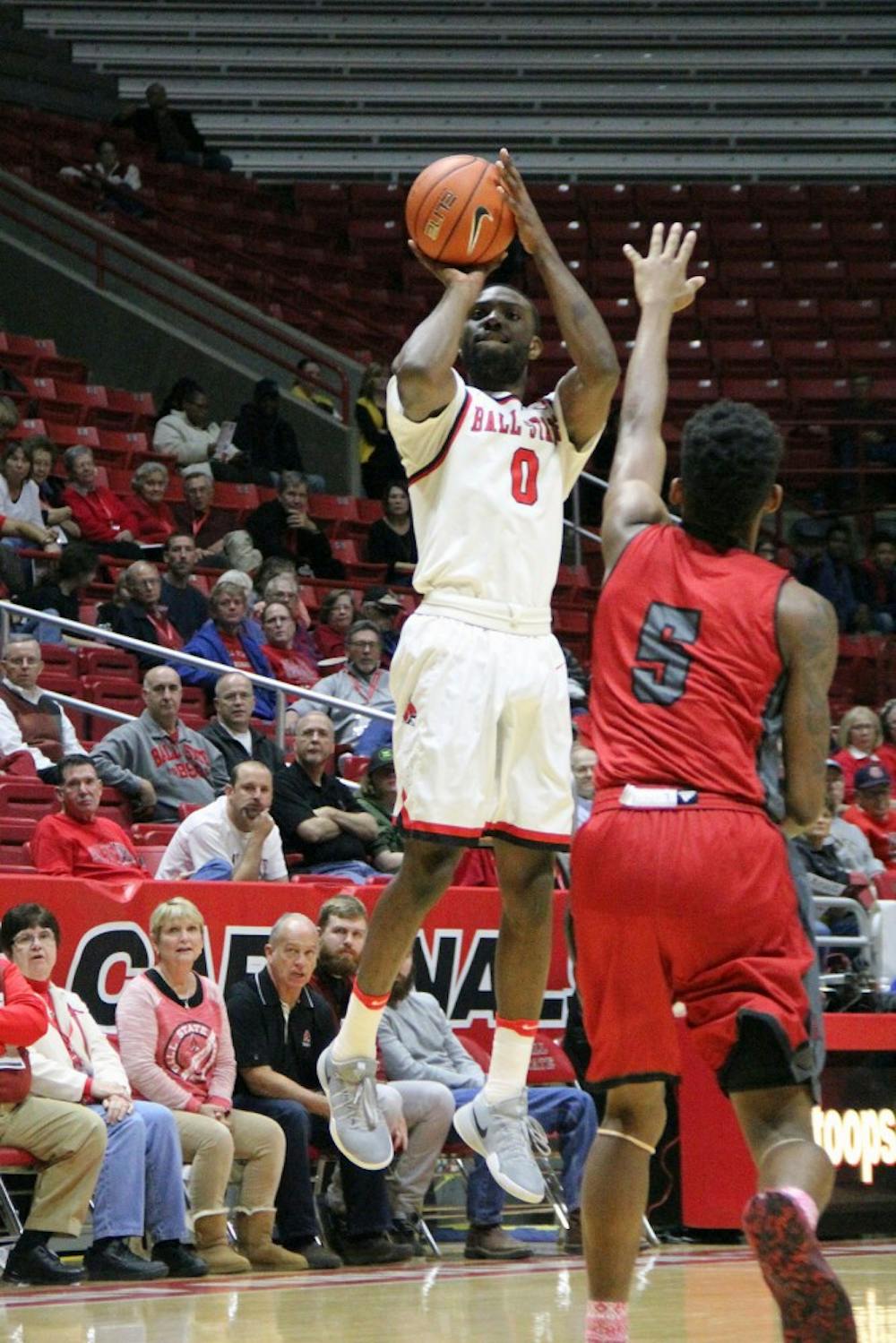 Guard Francis Kiapway goes up for a shot during the Cardinals’ game against IU Kokomo on Nov. 29 in Worthen Arena. Ball State won 92 to 52. Paige Grider// DN