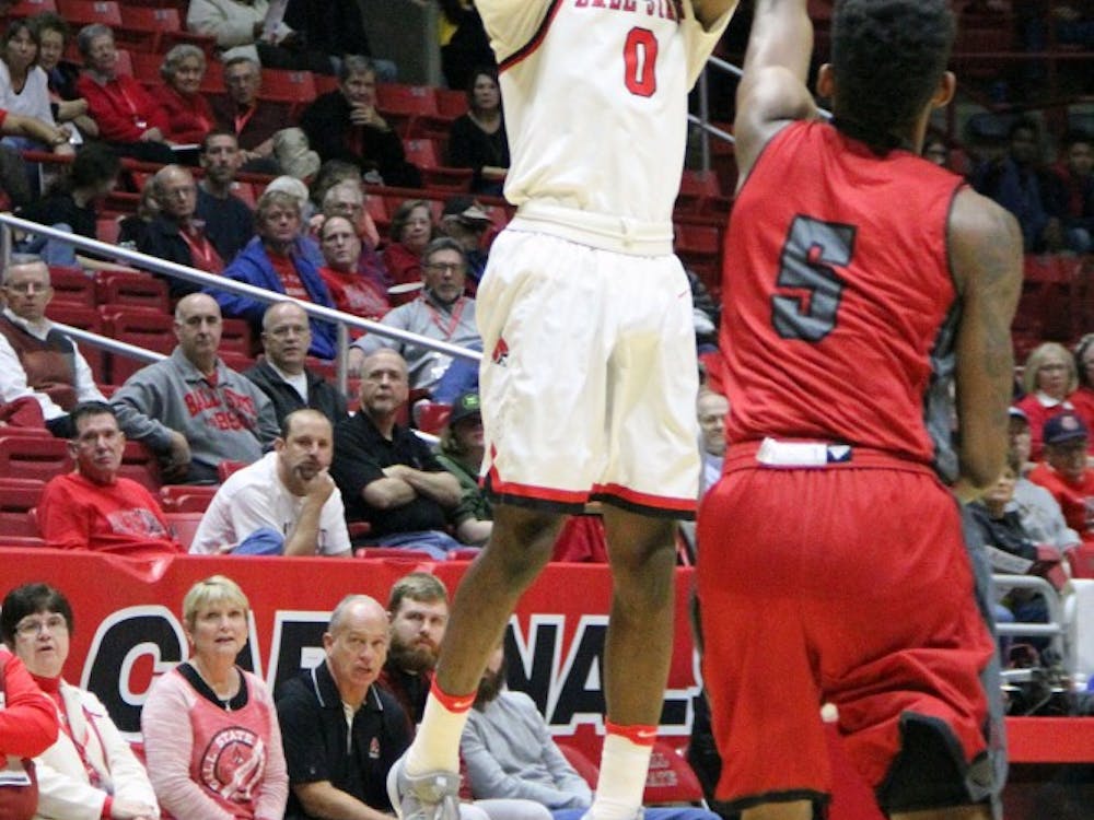 Guard Francis Kiapway goes up for a shot during the Cardinals’ game against IU Kokomo on Nov. 29 in Worthen Arena. Ball State won 92 to 52. Paige Grider// DN