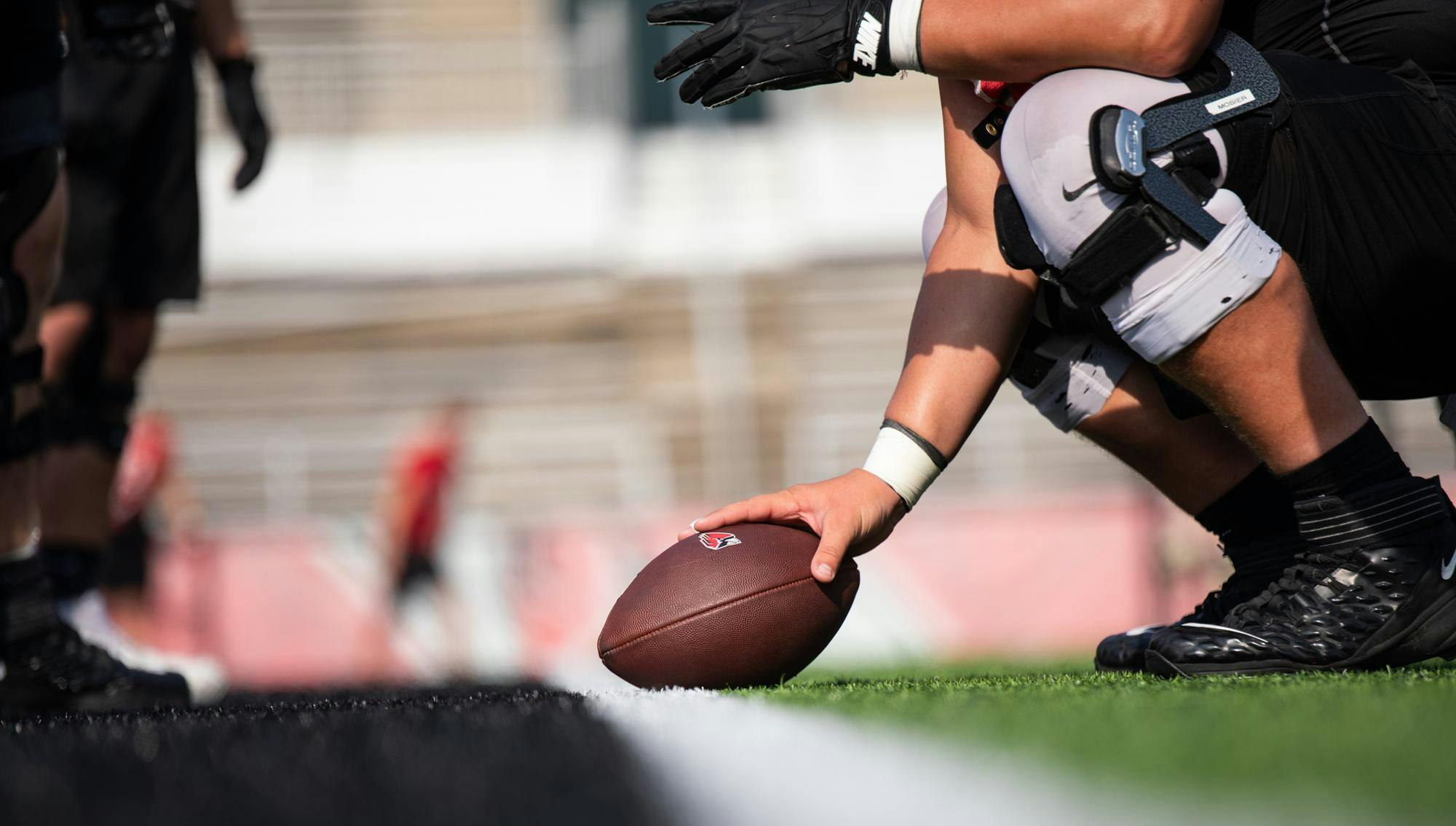 Ball State football linemen prepare to run drills during practice Aug. 19 at Scheumann Stadium. Ball State will play its first game of the season at Purdue on Aug. 28. Andrew Berger, DN&nbsp;