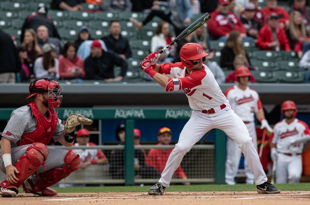 Then-junior outfielder Aaron Simpson watches the ball come in from the pitcher's mound during the second inning of the game against Indiana, April 23, 2019. Rebecca Slezak, DN