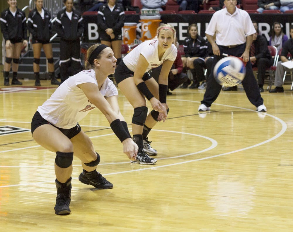 Senior setter Jacqui Seidel bumps the ball during the game against Eastern Michigan on Nov. 2. Ball State won on its senior night 3-0. Seidel, one of five departing seniors, has 853 career assists to date. DN PHOTO EMMA ROGERS