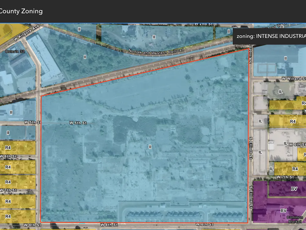 ARCGIS Zoning Map of the former Chevy factory and the former BorgWarner factory. Both sites, which are now considered brownfields, are zoned as “Intense Industrial Zones” that could serve as viable areas for SMR development in Delaware County.