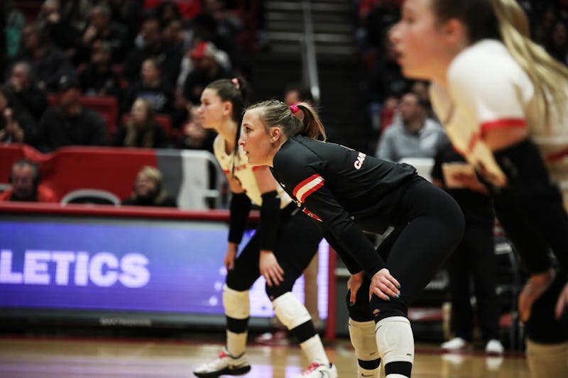 5 year senior libero Havyn Gates waits for the ball to be served against Northern Illinois Nov. 10 at Worthen Arena. Gates had 21 digs in the game. Mya Cataline, DN