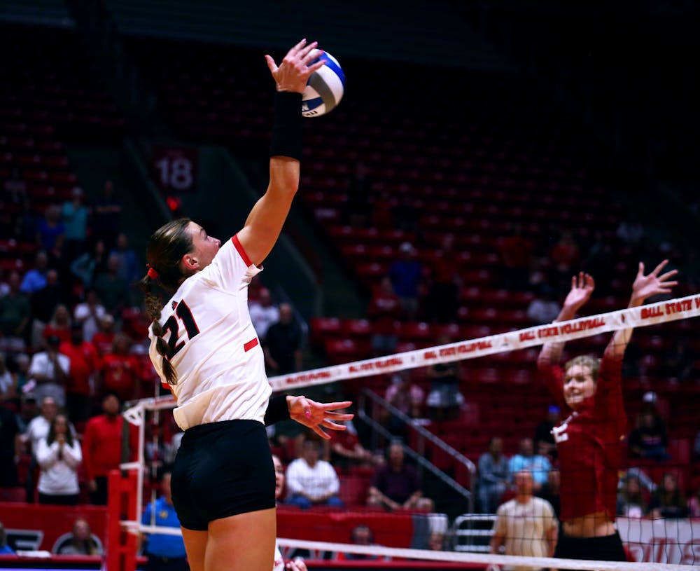 <p>Sophomore opposite hitter Madison Buckley spikes the ball against The University of Oklahoma Aug. 26 at Worthen Arena. Mya Cataline, DN</p>
