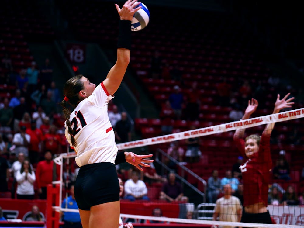 Sophomore opposite hitter Madison Buckley spikes the ball against The University of Oklahoma Aug. 26 at Worthen Arena. Mya Cataline, DN