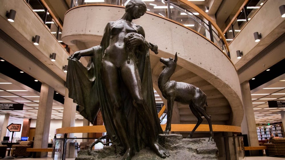 Sculpted by Albin Polasek in 1930, Forest Idyl, or more commonly, "The Naked Lady," is a popular meeting spot for students in Bracken Library. Rachel Ellis, DN
