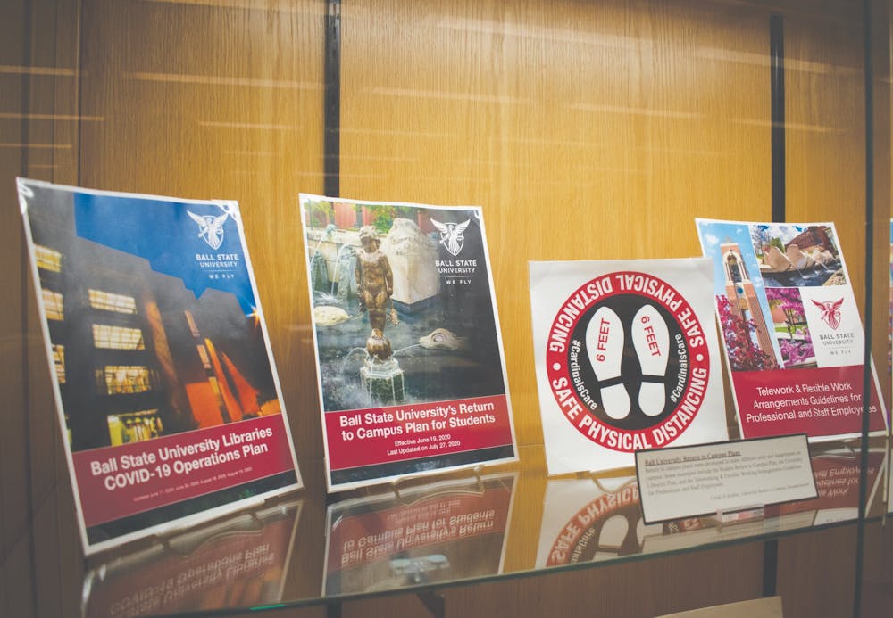 <p>A display of Ball State COVID-19 response materials Oct. 13 in Bracken Library. The display is part of the &quot;Document Your Story: COVID-19 Pandemic Project Archive.&quot; <strong>Joey Sills, DN</strong></p>