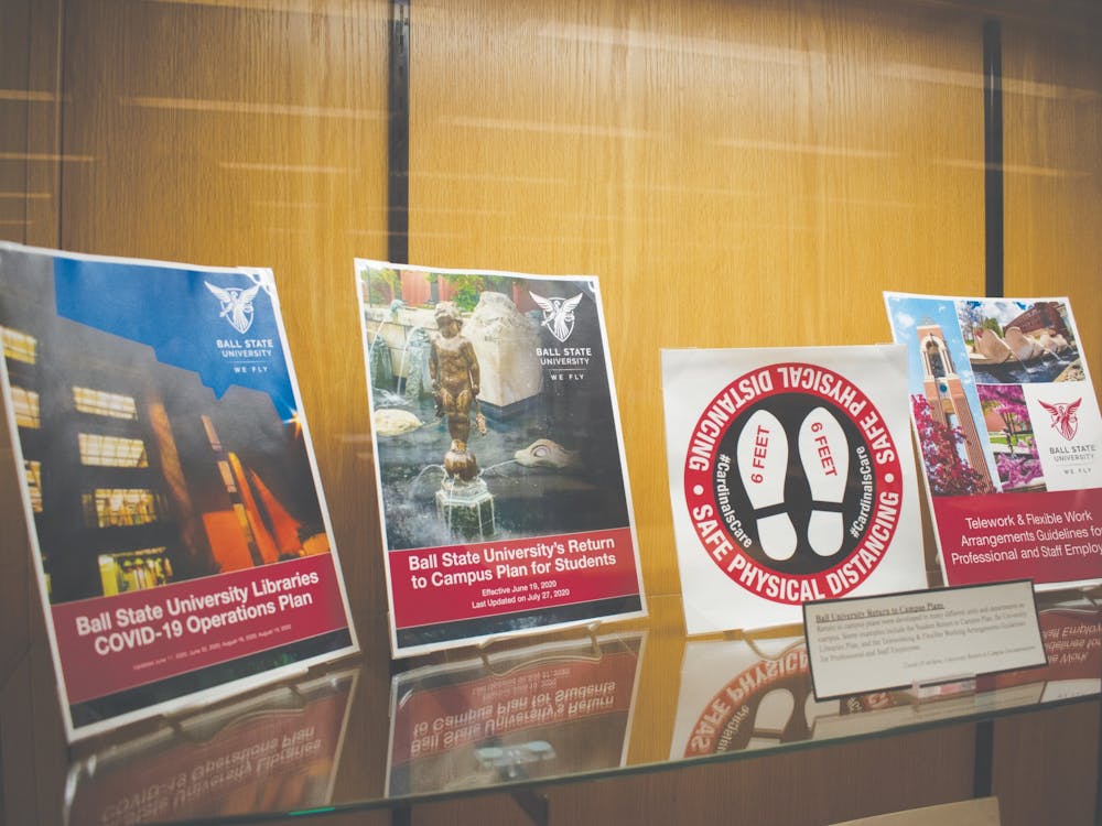 A display of Ball State COVID-19 response materials Oct. 13 in Bracken Library. The display is part of the &quot;Document Your Story: COVID-19 Pandemic Project Archive.&quot; Joey Sills, DN