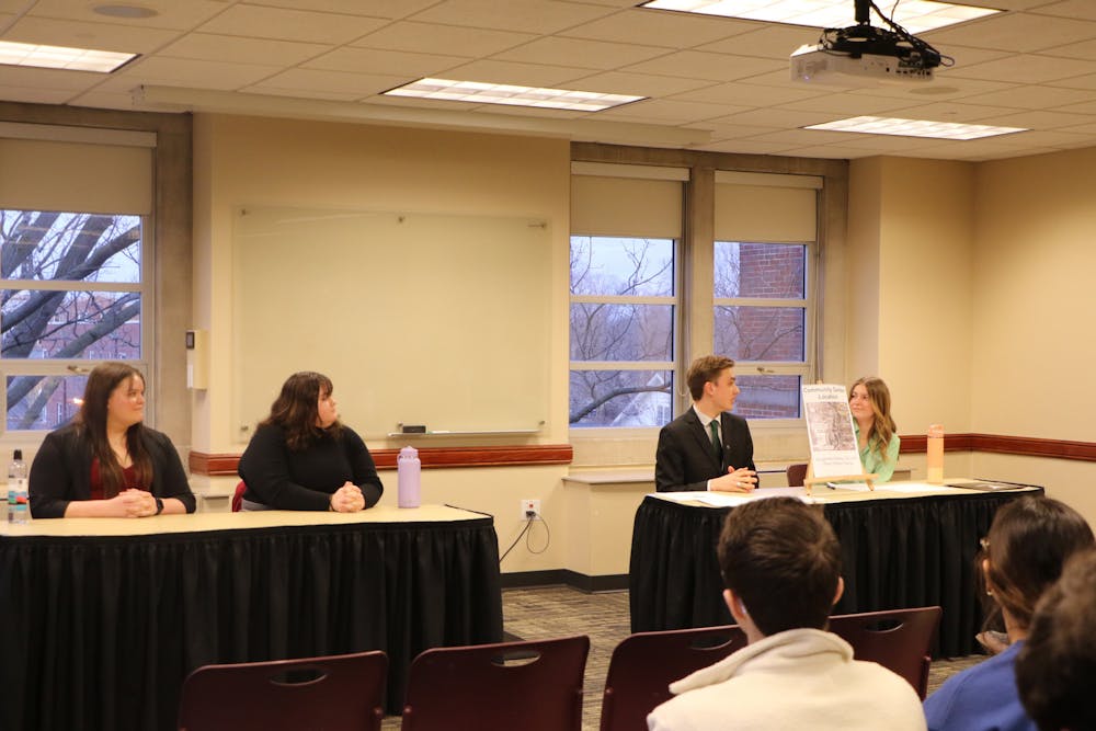<p>Ball State Student Government Association tickets, Empower and Gassensmith &amp; Lindstrand, debate their ticket&#x27;s platforms. The presidential debate will be Feb. 14 and the vice presidential debate is Feb. 15. Abigail Denault, DN</p>