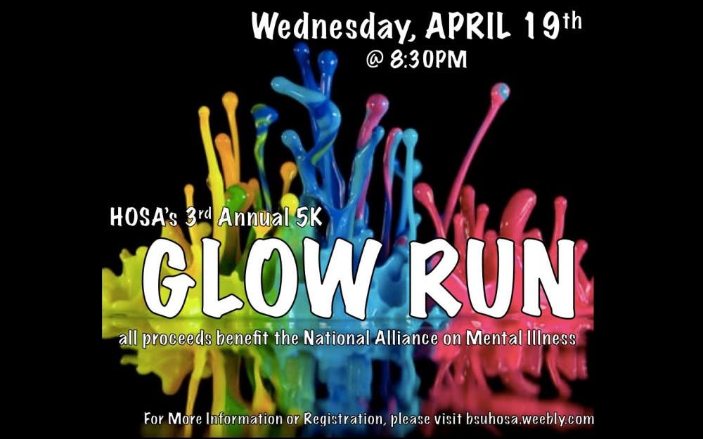 <p>Ball State HOSA is holding their third annual 5k Glow Run on April 19 to raise money for the National Alliance on Mental Illness.&nbsp;Pre-registration prices are $25 for a single participant, $88 for a group of four, and $160 for a group of eight. Participants signing up on the day of will have to pay $35. Glow Run Facebook// Photo Courtesy</p>