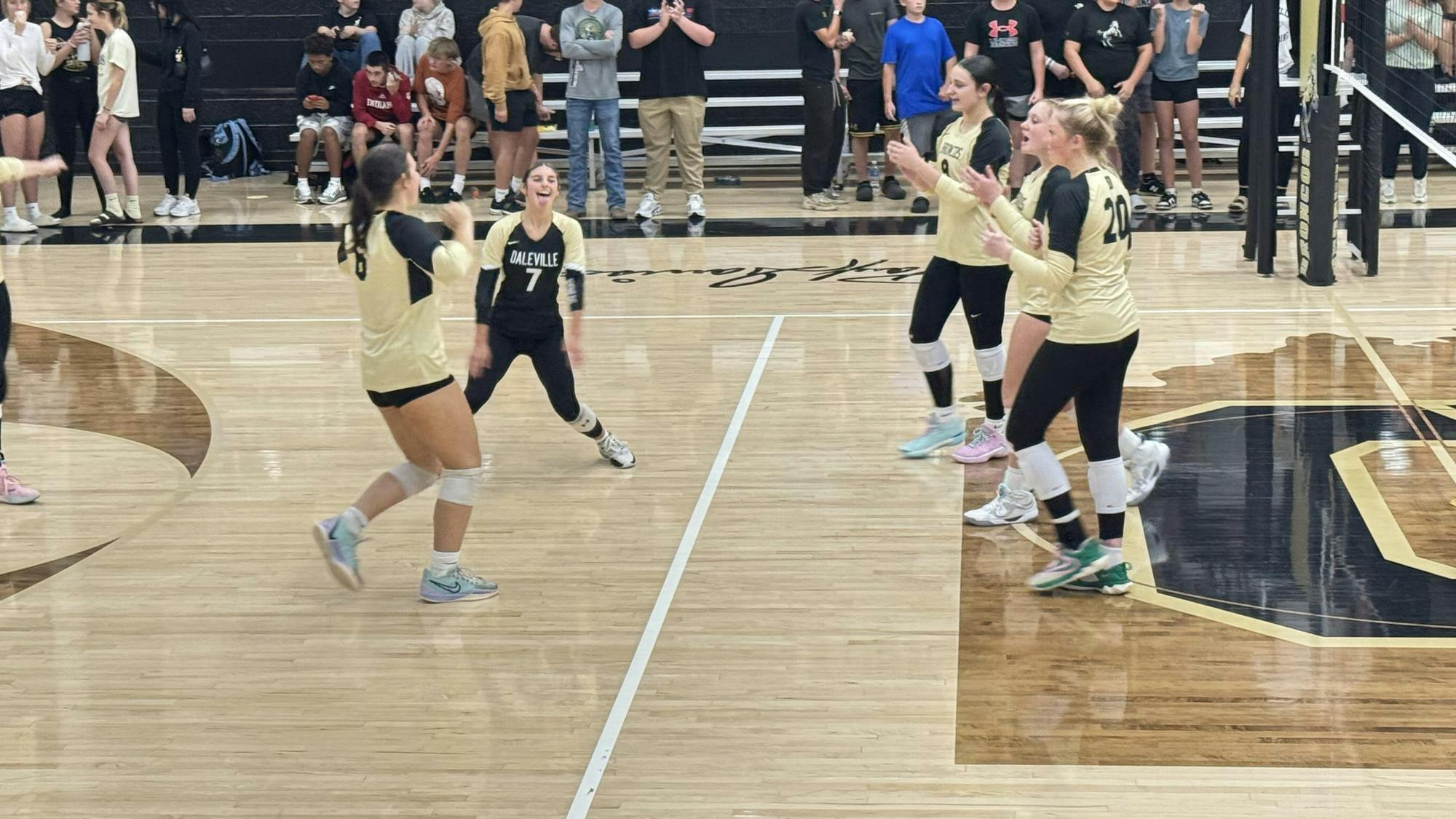 Daleville celebrates an ace against Union City at Daleville High School on Sept. 10, 2025. The Broncos swept the Indians in dominating fashion 3-0. PHOTO BY DAVID MOORE
