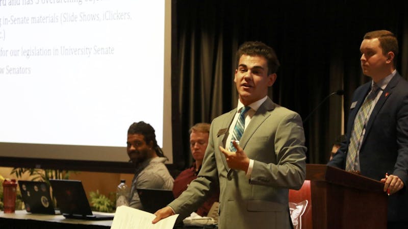 Sen. Dylan Lewandowski addresses the Student Government Association (SGA) senate March 11, 2020, about his plans to welcome new senators and build an inclusive environment at SGA as president pro tempore. Lewandowski was elected to the position after previously running for SGA vice president on the Aureum slate. Grace McCormick, DN&nbsp;