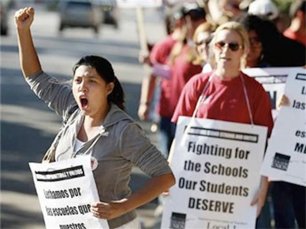 Teachers picket outside the Chicago Public Schools headquarters.