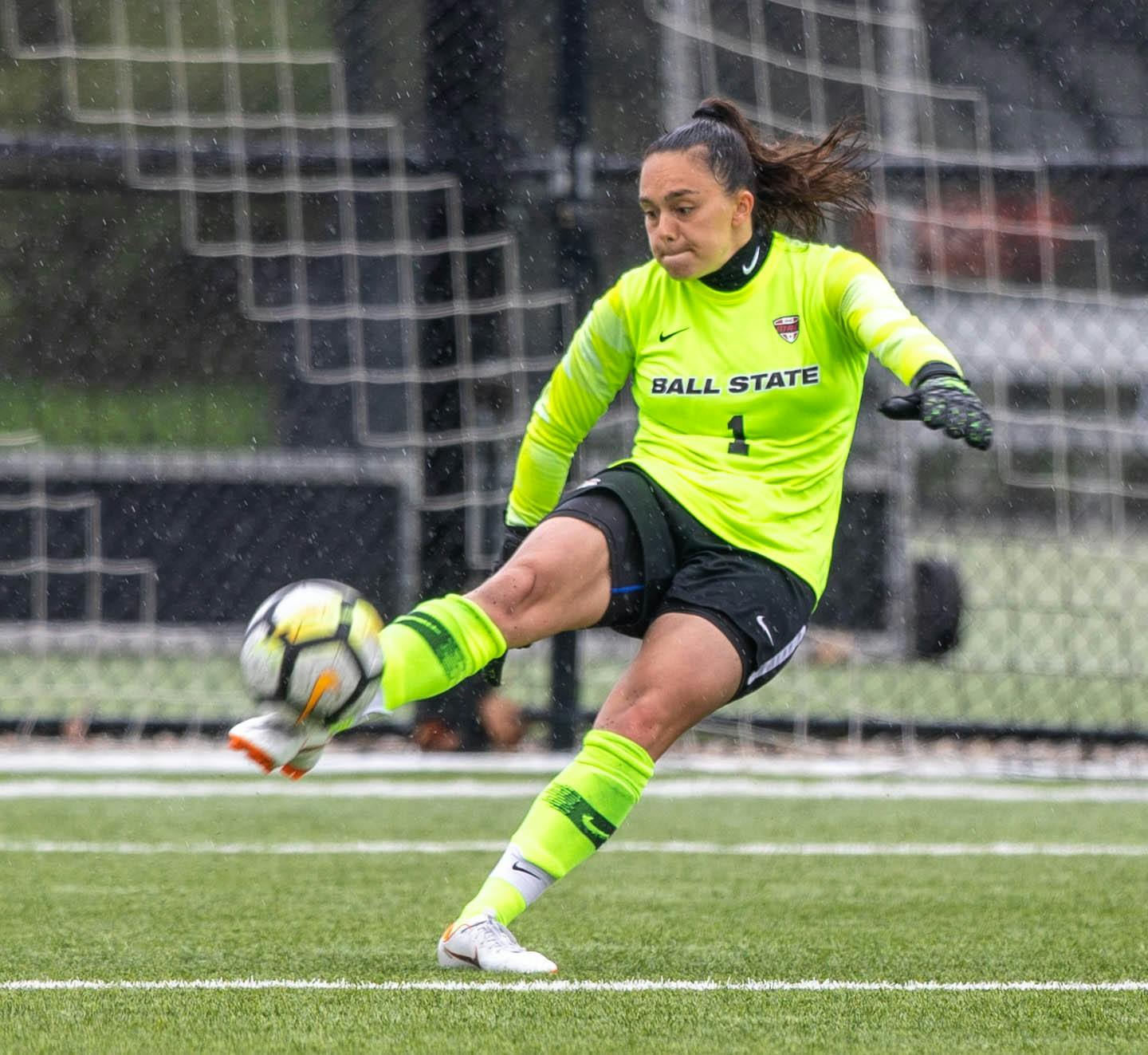 Senior goalkeeper Maitane Bravo kicks the ball April 11, 2021, at Briner Sports Complex. The Cardinals beat the Eagles 2-1 to become the Mid-American Conference West Division champions. Jaden Whiteman, DN