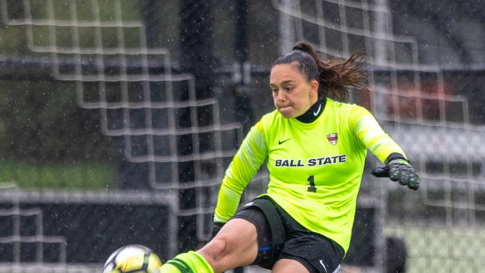 Senior goalkeeper Maitane Bravo kicks the ball April 11, 2021, at Briner Sports Complex. The Cardinals beat the Eagles 2-1 to become the Mid-American Conference West Division champions. Jaden Whiteman, DN