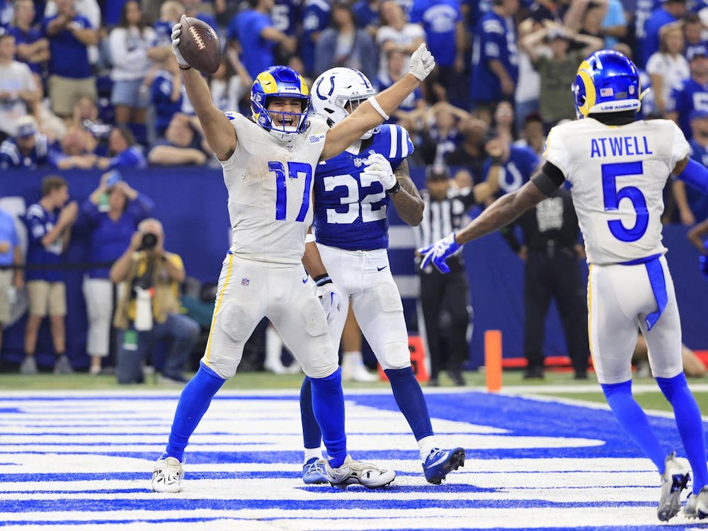 INDIANAPOLIS, INDIANA - OCTOBER 01: Puka Nacua #17 of the Los Angeles Rams celebrates a walk-off game-winning touchdown against the Indianapolis Colts during the fourth quarter at Lucas Oil Stadium on October 01, 2023 in Indianapolis, Indiana. (Photo by Justin Casterline/Getty Images)