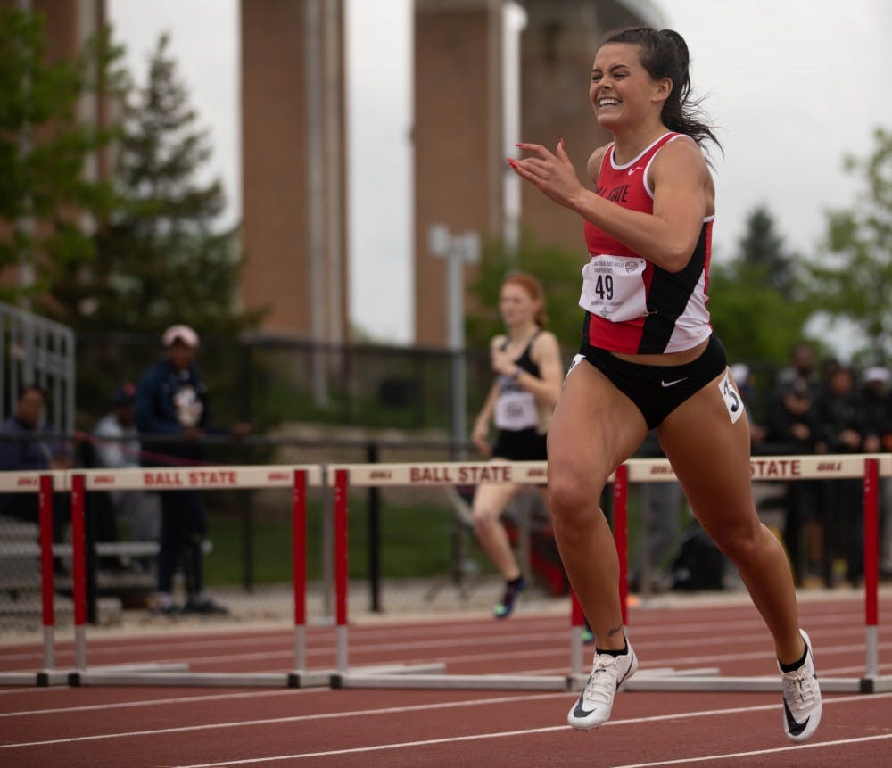 <p>Freshman Karlie Zumbro runs during the &nbsp;400 meter Hurdles during the Mid-America Conference Outdoor Championships May 9, 2019. Zumbro placed 16th. <strong>Scott Fleener, DN</strong></p>