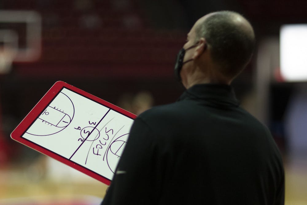Ball State Cardinals head coach Brady Sallee holds his clipboard and watches the Bowling Green Falcons be introduced Jan. 2, 2020, at John E. Worthen Arena. The Cardinals lost to the Falcons 89-55. Jacob Musselman, DN