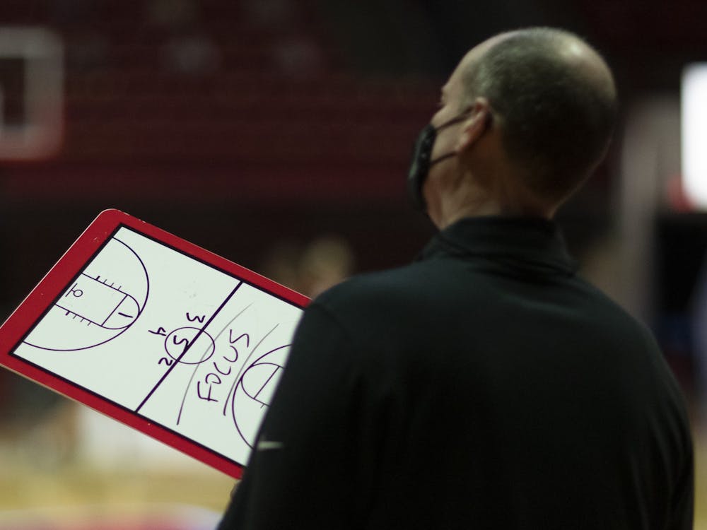 Ball State Cardinals head coach Brady Sallee holds his clipboard and watches the Bowling Green Falcons be introduced Jan. 2, 2020, at John E. Worthen Arena. The Cardinals lost to the Falcons 89-55. Jacob Musselman, DN