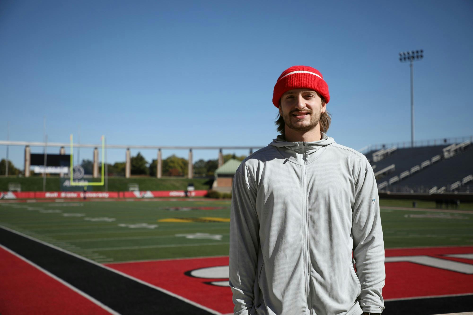 Graduate student safety Trenton Hatfield poses for a portrait Oct. 3 at Scheumann Stadium. Amber Pietz, DN