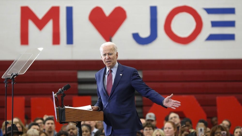 <p>Democratic presidential candidate former Vice President Joe Biden speaks during a campaign rally March 9, 2020, at Renaissance High School in Detroit. <strong>(AP Photo/Paul Sancya)</strong></p>