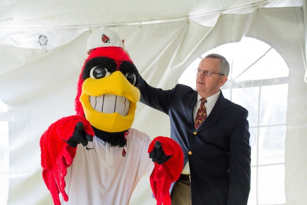 <p>Both Ball State men’s and women’s coaches, along with Interim President Terry King, Athletic Director Mark Sandy and Charlie Cardinal, broke ground for the Earl Yestingsmeier Golf Center on Thursday. Sandy has just announced his plans to retire. <strong>Kaiti Sullivan, DN</strong></p>