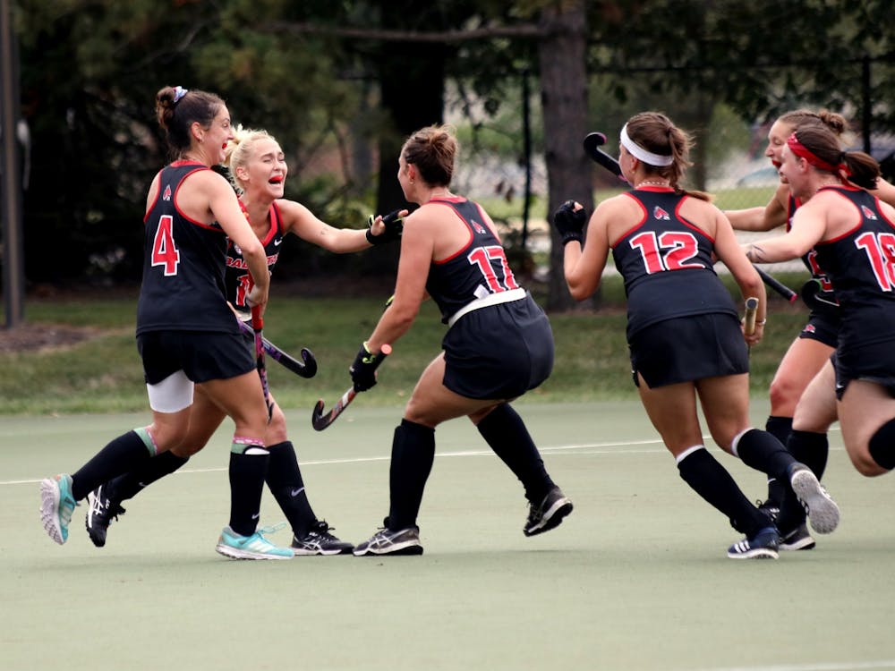 The Ball State field hockey team celebrates scoring a goal Sept. 3 in a game against Lehigh at Briner Sports Complex. Ball State lost to Lehigh 1-3. Amber Pietz, DN