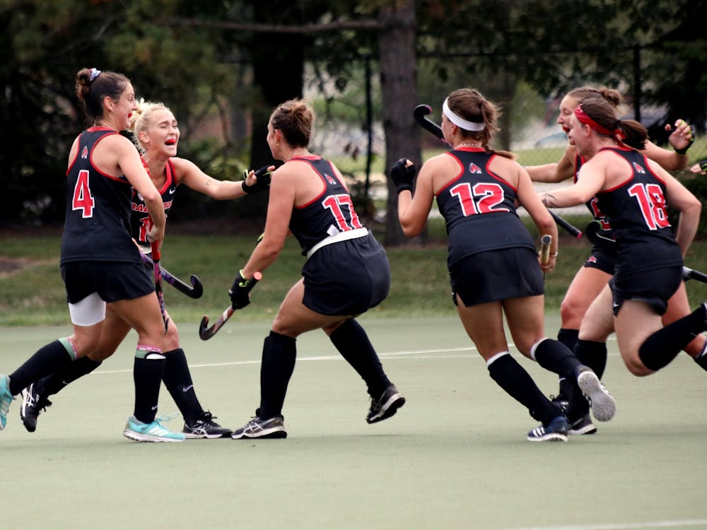 The Ball State field hockey team celebrates scoring a goal Sept. 3 in a game against Lehigh at Briner Sports Complex. Ball State lost to Lehigh 1-3. Amber Pietz, DN