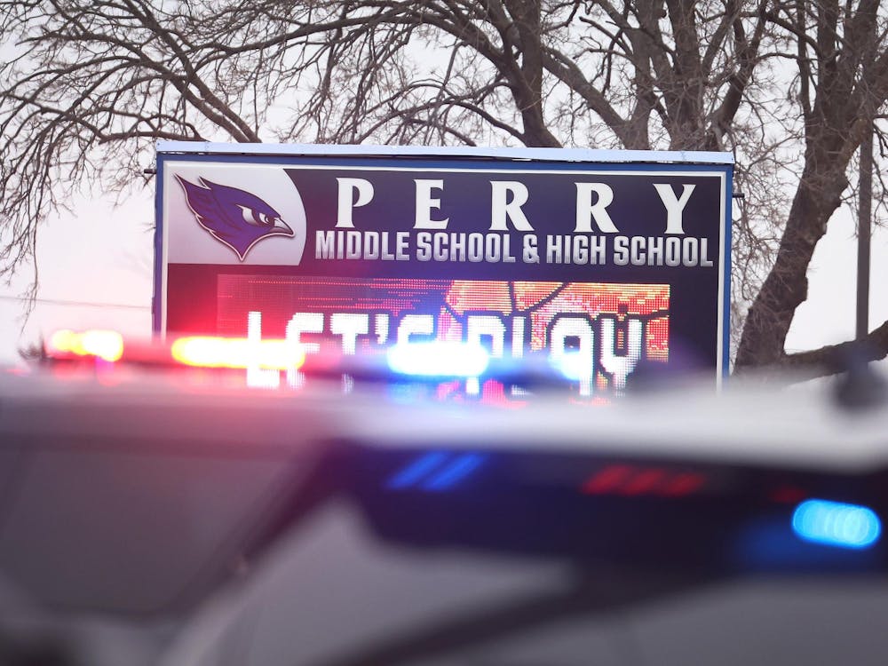 PERRY, IOWA - JANUARY 04: Police respond to a school shooting at the Perry Middle School and High School complex on January 04, 2024 in Perry, Iowa. Students were returning to classes today following the holiday break. (Photo by Scott Olson/Getty Images)