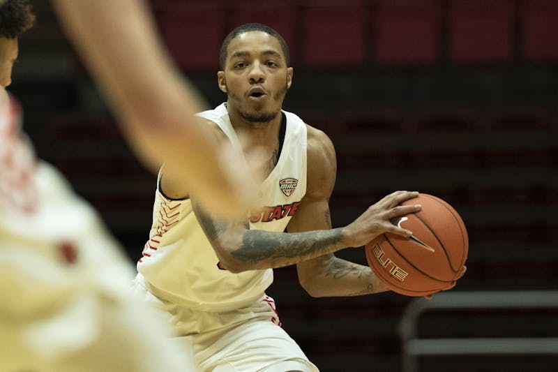 Ball State Cardinals senior guard Ishmael El-Amin looks for an open teammate during the first half of a game against the Ohio University Bobcats Jan. 2, 2020, at John E. Worthen Arena. The Cardinals lost the Bobcats 78-68. Jacob Musselman, DN