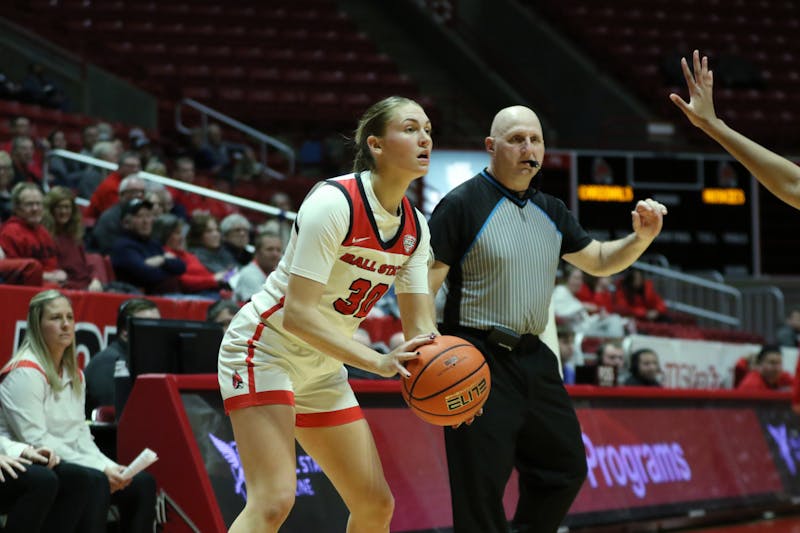 Redshirt senior Anna Clephane pump faking in a game against Northern Illinois Feb. 1 at Worthen Arena. Clephane led the team with 16 points. Brayden Goins, DN