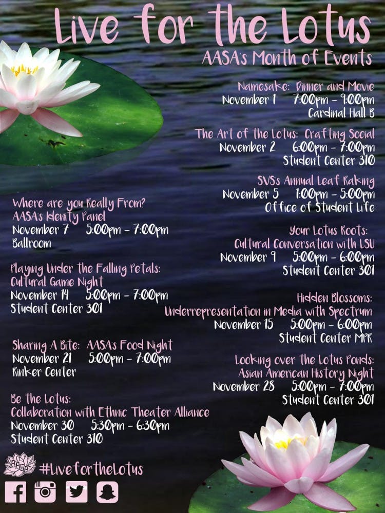 The Asian American Student Association will&nbsp;hold a series of events through the month of November, including a "Where are you really from?" identity panel on Nov. 7 at 5 p.m. in the Student&nbsp;Center Ballroom.&nbsp;AASA BennyLink // Photo Courtesy&nbsp;