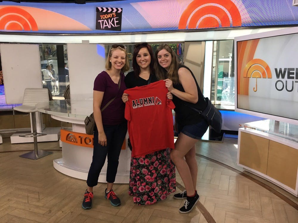 <p>From left:&nbsp;Natalie Wagner, Andrea Abbott and Alex McIntire, Ball State alumnae, pose for a picture on the Today Show set. The former roommates&nbsp;try to get together once-a-year despite living in three different states. Photo provided // Natalie Wagner</p>