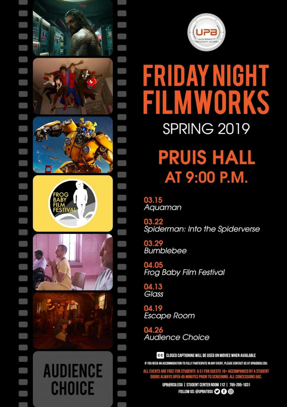 The University Program Board has released the rest of its schedule for the Spring 2019 semester. The films will be shown at 9 p.m. Friday nights in Pruis Hall. 