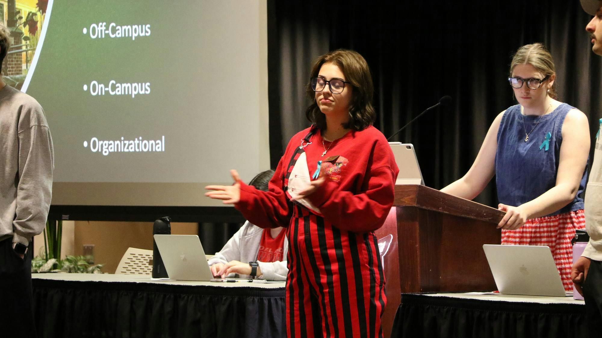 Sen. Addy Morey presents a committee report on behalf of the Student&nbsp;Safety Committee May 1 at the L.A. Pittenger Student Center during a Student Government Association meeting. Landon Jones, DN&nbsp;