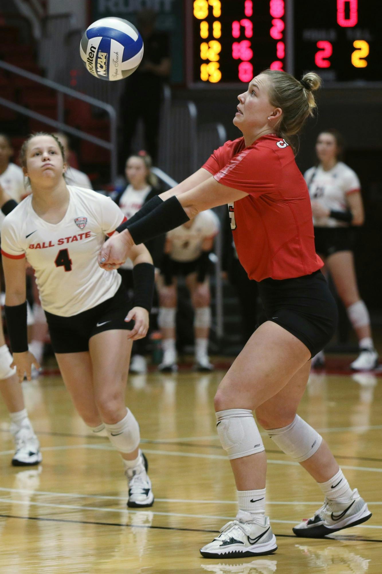 Fourth-year defensive specialist and libero Maggie Huber hits the ball in MAC Semifinals against Central Michigan Nov. 21 at Worthen Arena. Huber had five assists during the game. Amber Pietz, DN
