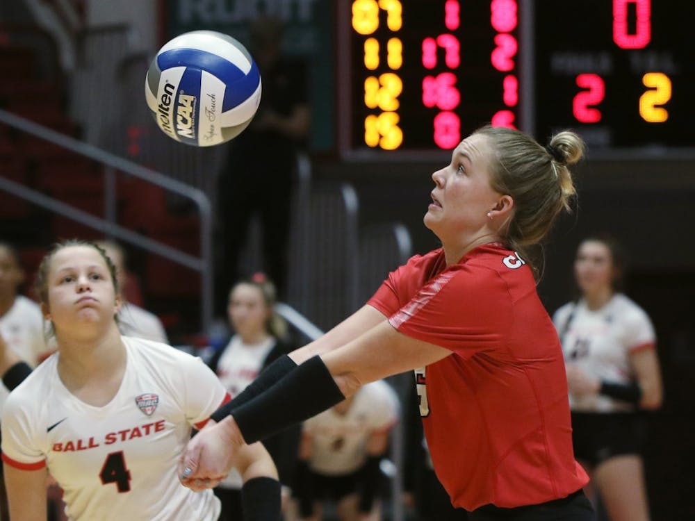 Fourth-year defensive specialist and libero Maggie Huber hits the ball in MAC Semifinals against Central Michigan Nov. 21 at Worthen Arena. Huber had five assists during the game. Amber Pietz, DN