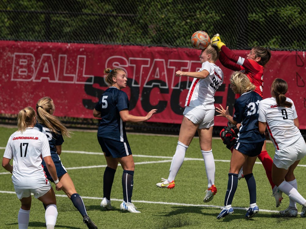 Members of the Ball State Soccer's team defend their goal from an oncoming kick in their game against Xavier Aug. 28 at the Briner Sports Complex. The Cardinals lost the match 4-2 to Xaiver. Eli Houser, DN
